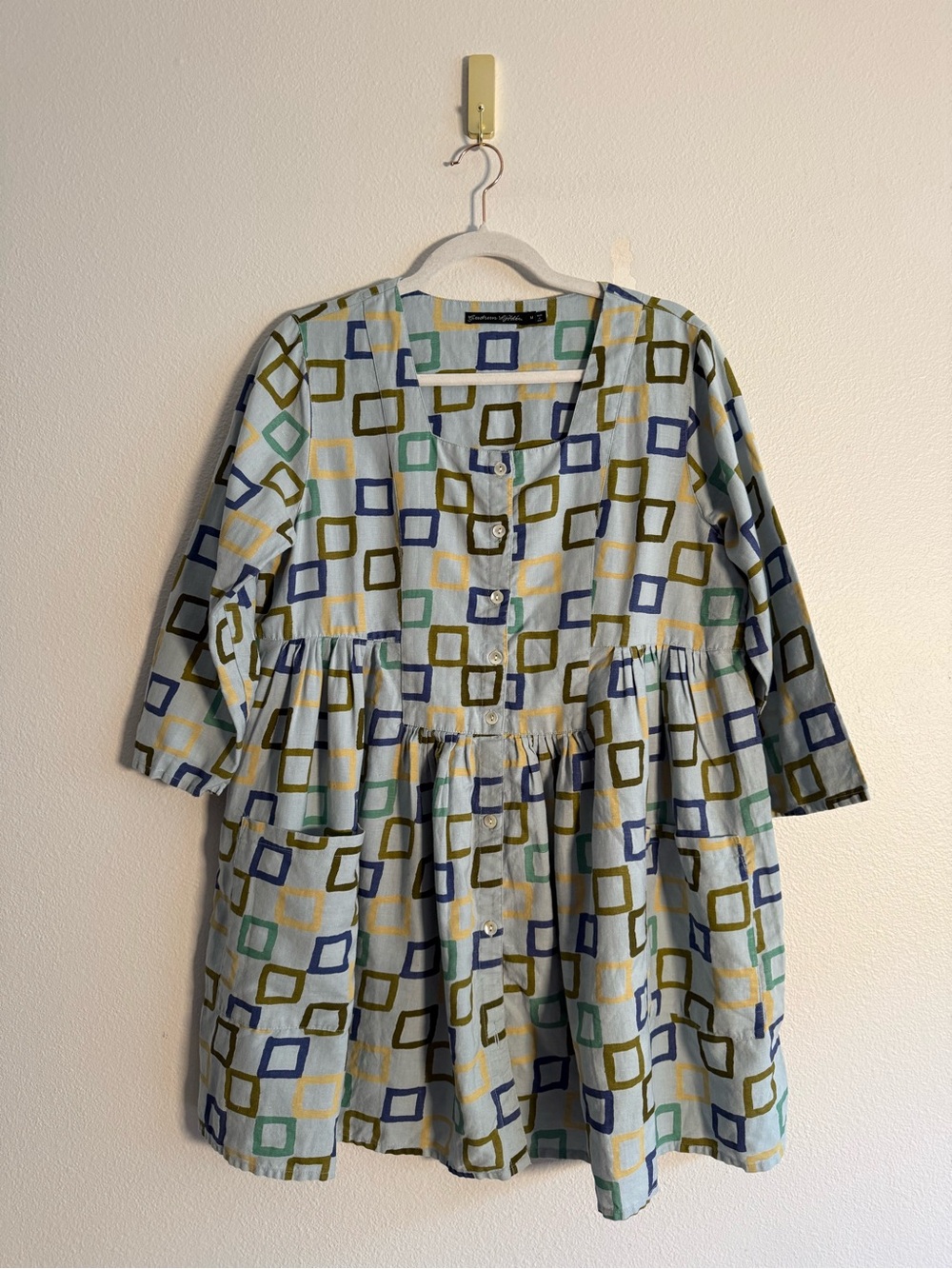 Gudrun Sjödén cotton-linen geometric pattern 3/4 sleeve dress Sz M oversized